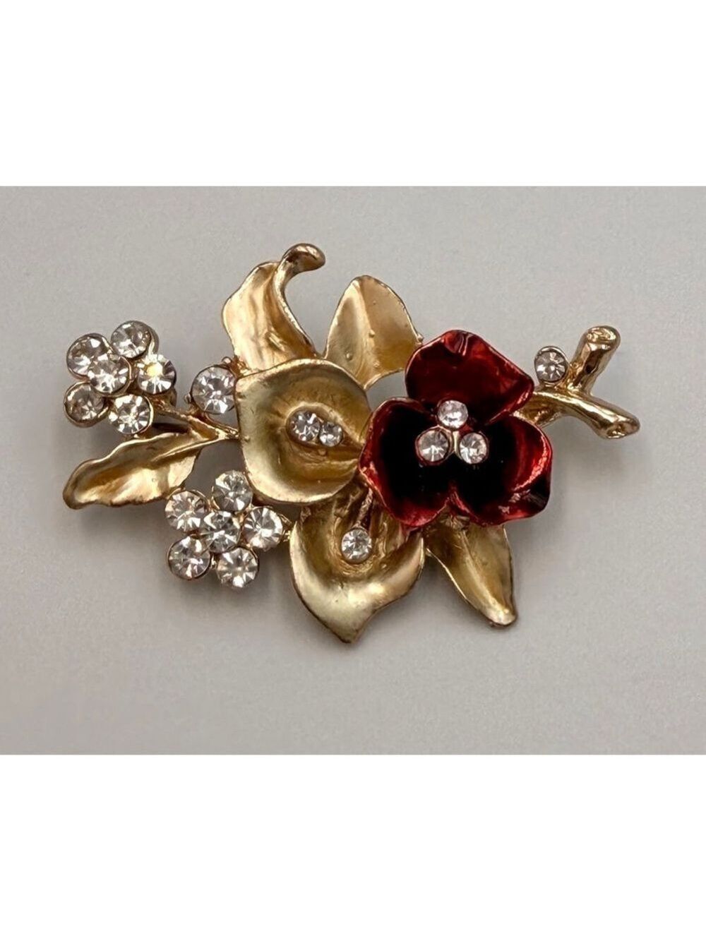 Gold Tone Floral Rhinestone Red Enamel Brooch Pin 2255